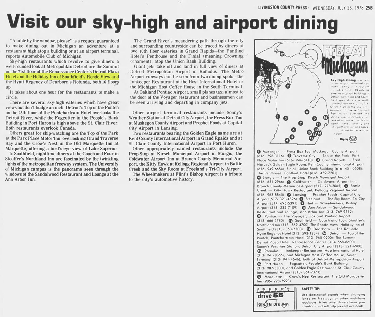 Holiday Inn - Southfield (Radisson Hotel Southfield-Detroit) - Jul 26 1978 Listing Of Sky High Dining In Michigan